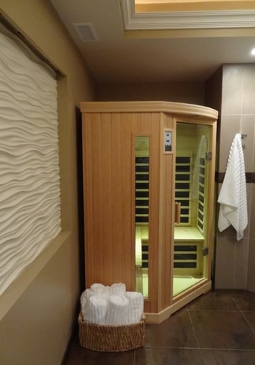 home sauna, wave wall, custom bathroom